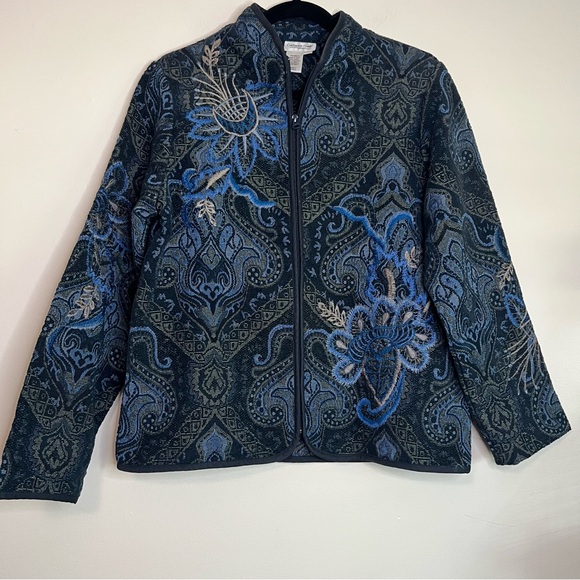 Coldwater‎ Creek Zip Jacket Small Blue Paisley Floral Embroidered India - Picture 1 of 4